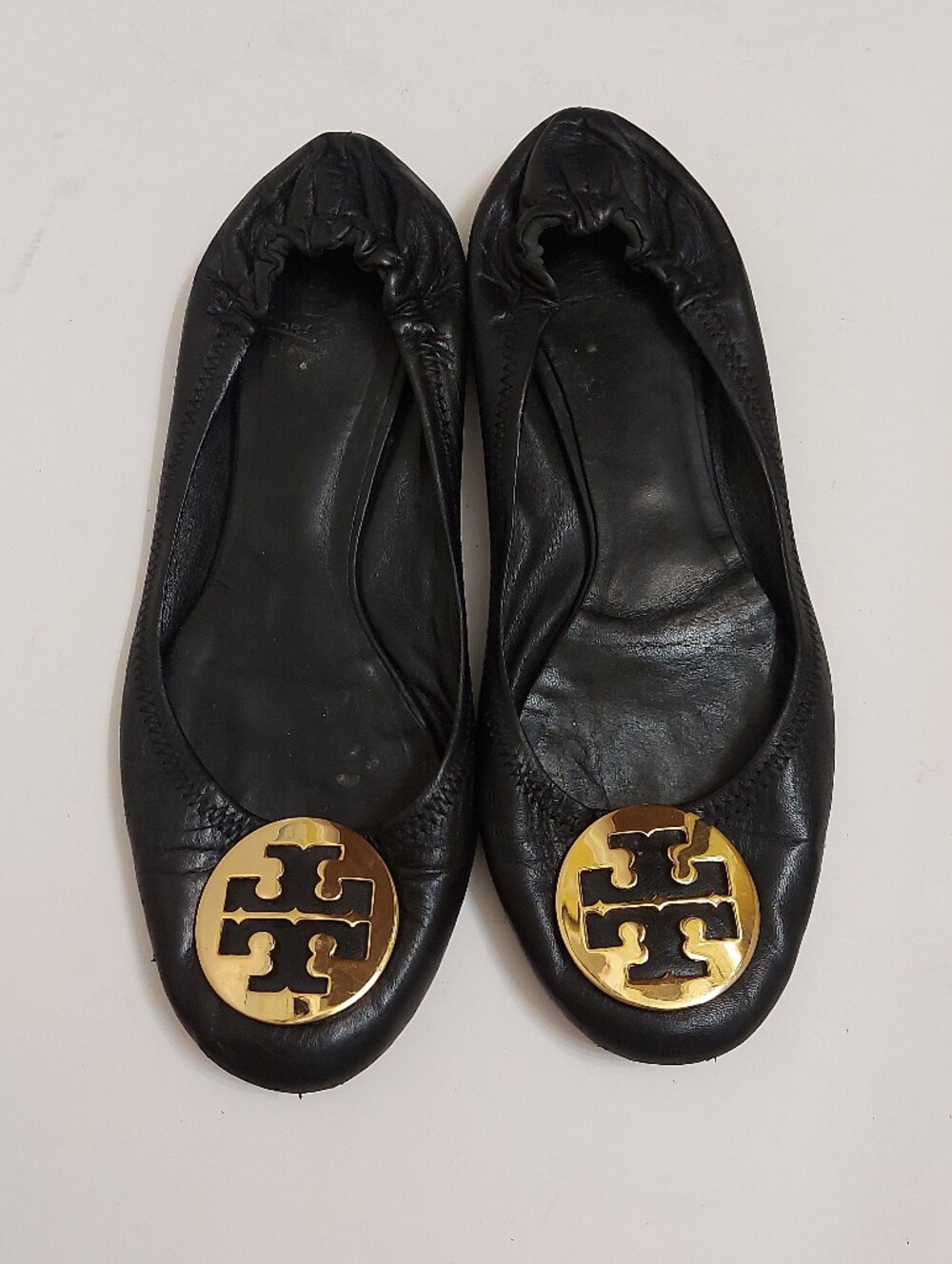 Tory Burch Black Leather Reva Ballet Flats with Gold Logo